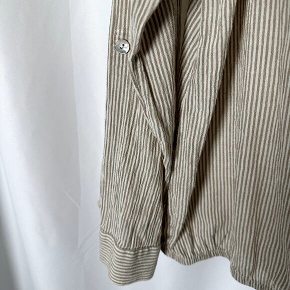 J.Jill Collared Tan Ticking Stripe Cotton Faux Wrap Front Shirt Size Medium - Picture 4 of 8